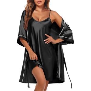 imageEkouaer Womens Silk Robe Set V Neck 2 Piece Satin Bathrobes 34 Sleeves Bridal Sleepwear Sexy Cami NightgownBlack