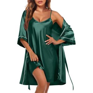imageEkouaer Womens Silk Robe Set V Neck 2 Piece Satin Bathrobes 34 Sleeves Bridal Sleepwear Sexy Cami NightgownDark Green