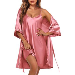 imageEkouaer Womens Silk Robe Set V Neck 2 Piece Satin Bathrobes 34 Sleeves Bridal Sleepwear Sexy Cami NightgownGray Purple