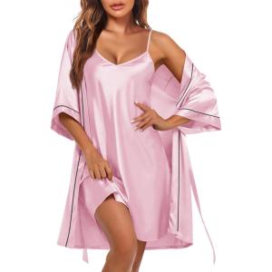 imageEkouaer Womens Silk Robe Set V Neck 2 Piece Satin Bathrobes 34 Sleeves Bridal Sleepwear Sexy Cami NightgownMisty Rose