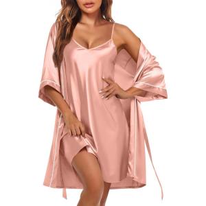 imageEkouaer Womens Silk Robe Set V Neck 2 Piece Satin Bathrobes 34 Sleeves Bridal Sleepwear Sexy Cami NightgownPastel Pink