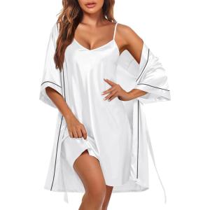 imageEkouaer Womens Silk Robe Set V Neck 2 Piece Satin Bathrobes 34 Sleeves Bridal Sleepwear Sexy Cami NightgownWhite