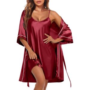 imageEkouaer Womens Silk Robe Set V Neck 2 Piece Satin Bathrobes 34 Sleeves Bridal Sleepwear Sexy Cami NightgownWine Red