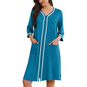 imageEkouaer Zipper Robes for Women 34 Sleeves Lightweight House Coat Zip Up Bathrobe Soft Nightgown with Pockets S3XLBlue Green