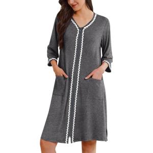 imageEkouaer Zipper Robes for Women 34 Sleeves Lightweight House Coat Zip Up Bathrobe Soft Nightgown with Pockets S3XLDeep Gray
