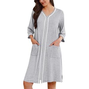 imageEkouaer Zipper Robes for Women 34 Sleeves Lightweight House Coat Zip Up Bathrobe Soft Nightgown with Pockets S3XLLight Gray