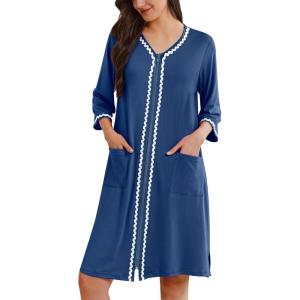 imageEkouaer Zipper Robes for Women 34 Sleeves Lightweight House Coat Zip Up Bathrobe Soft Nightgown with Pockets S3XLNavy