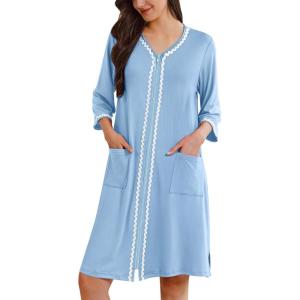imageEkouaer Zipper Robes for Women 34 Sleeves Lightweight House Coat Zip Up Bathrobe Soft Nightgown with Pockets S3XLPale Blue