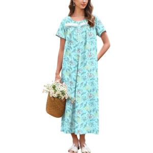 imageEkouaer Nightgown for Women Cotton Long Night Gown Short Sleeve Nightdress with Pockets Button Sleepshirt Soft SleepwearLine Drawing Flowers