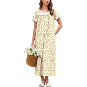imageEkouaer Nightgown for Women Cotton Long Night Gown Short Sleeve Nightdress with Pockets Button Sleepshirt Soft SleepwearYellow Green Leaves