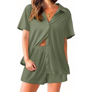 imageEkouaer Pajama for Women Set Short Sleeve Button Down Pajamas Sets Soft Lounge Sets for Women Sleepwear PJSArmy Green