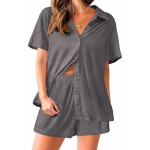 imageEkouaer Pajama for Women Set Short Sleeve Button Down Pajamas Sets Soft Lounge Sets for Women Sleepwear PJSDark Gray