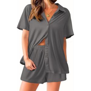 imageEkouaer Pajama for Women Set Short Sleeve Button Down Pajamas Sets Soft Lounge Sets for Women Sleepwear PJSGray