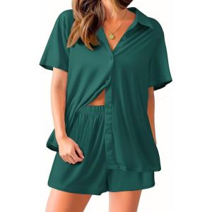 imageEkouaer Pajama for Women Set Short Sleeve Button Down Pajamas Sets Soft Lounge Sets for Women Sleepwear PJSGreen