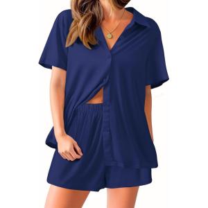 imageEkouaer Pajama for Women Set Short Sleeve Button Down Pajamas Sets Soft Lounge Sets for Women Sleepwear PJSNavy Blue