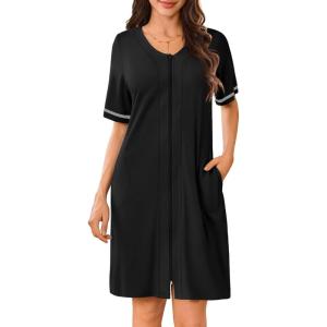 imageEkouaer Women Zipper Robes Short Sleeves Housecoat Lightweight Bathrobes Zip Up Robe Casual Nightgown with Pockets S2XLBlack