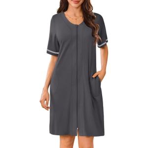 imageEkouaer Women Zipper Robes Short Sleeves Housecoat Lightweight Bathrobes Zip Up Robe Casual Nightgown with Pockets S2XLDark Gray