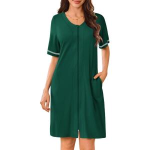 imageEkouaer Women Zipper Robes Short Sleeves Housecoat Lightweight Bathrobes Zip Up Robe Casual Nightgown with Pockets S2XLLake Green