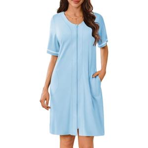 imageEkouaer Women Zipper Robes Short Sleeves Housecoat Lightweight Bathrobes Zip Up Robe Casual Nightgown with Pockets S2XLLight Blue