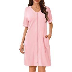 imageEkouaer Women Zipper Robes Short Sleeves Housecoat Lightweight Bathrobes Zip Up Robe Casual Nightgown with Pockets S2XLPink