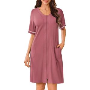imageEkouaer Women Zipper Robes Short Sleeves Housecoat Lightweight Bathrobes Zip Up Robe Casual Nightgown with Pockets S2XLPurple Gray Red