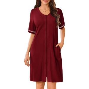 imageEkouaer Women Zipper Robes Short Sleeves Housecoat Lightweight Bathrobes Zip Up Robe Casual Nightgown with Pockets S2XLWine Red