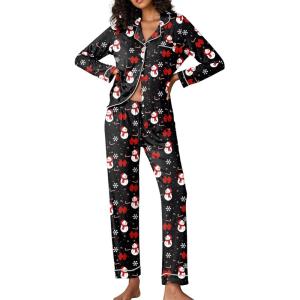 imageEkouaer Pajamas Womens Long Sleeve Sleepwear Soft Button Down Loungewear Pjs Lounge Set Nightwear XSXXLChristmas Black With Snowman