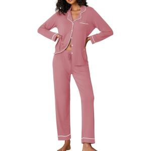 imageEkouaer Pajamas Womens Long Sleeve Sleepwear Soft Button Down Loungewear Pjs Lounge Set Nightwear XSXXLPurple Red