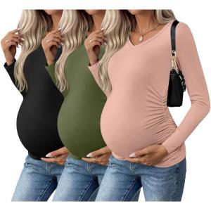 imageEkouaer Womens Maternity Shirts Long Sleeve 3 Packs Pregnancy VNeck Clothes Side Ruched Blouse Tops for Mama SXXLBlackArmy GreenDirty Pink