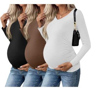 imageEkouaer Womens Maternity Shirts Long Sleeve 3 Packs Pregnancy VNeck Clothes Side Ruched Blouse Tops for Mama SXXLBlackBrownWhite