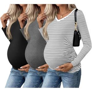 imageEkouaer Womens Maternity Shirts Long Sleeve 3 Packs Pregnancy VNeck Clothes Side Ruched Blouse Tops for Mama SXXLBlackDark GreyWhite Stripe