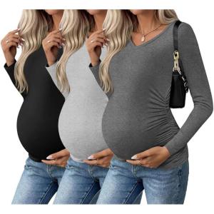 imageEkouaer Womens Maternity Shirts Long Sleeve 3 Packs Pregnancy VNeck Clothes Side Ruched Blouse Tops for Mama SXXLBlackLight GreyDark Grey
