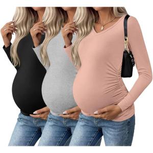 imageEkouaer Womens Maternity Shirts Long Sleeve 3 Packs Pregnancy VNeck Clothes Side Ruched Blouse Tops for Mama SXXLBlackLight GreyDirty Pink
