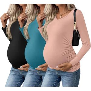 imageEkouaer Womens Maternity Shirts Long Sleeve 3 Packs Pregnancy VNeck Clothes Side Ruched Blouse Tops for Mama SXXLBlackTealDirty Pink