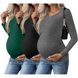 imageEkouaer Womens Maternity Shirts Long Sleeve 3 Packs Pregnancy VNeck Clothes Side Ruched Blouse Tops for Mama SXXLDark GreenBlackDark Grey