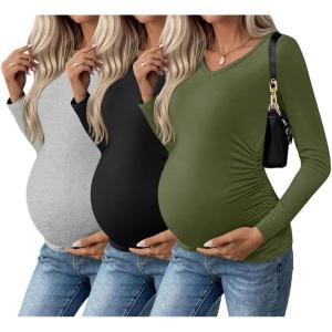 imageEkouaer Womens Maternity Shirts Long Sleeve 3 Packs Pregnancy VNeck Clothes Side Ruched Blouse Tops for Mama SXXLLight GreyBlackArmy Green