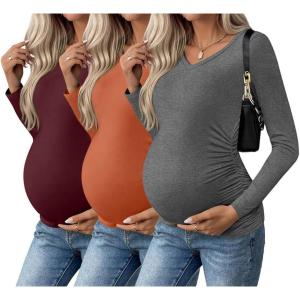 imageEkouaer Womens Maternity Shirts Long Sleeve 3 Packs Pregnancy VNeck Clothes Side Ruched Blouse Tops for Mama SXXLMaroonCaramelDark Grey