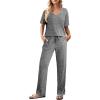 imageEkouaer Womens 2 Piece Lounge Set Casual Summer Outfits Ribbed Short Sleeve ampamp Wide Leg Pants Matching Set for Travel HomeGrey