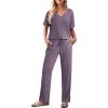 imageEkouaer Womens 2 Piece Lounge Set Casual Summer Outfits Ribbed Short Sleeve ampamp Wide Leg Pants Matching Set for Travel HomePurple