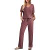 imageEkouaer Womens 2 Piece Lounge Set Casual Summer Outfits Ribbed Short Sleeve ampamp Wide Leg Pants Matching Set for Travel HomeWine Red