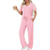 imageEkouaer Womens 2 Piece Lounge Set Casual Summer Outfits Ribbed Short Sleeve ampamp Wide Leg Pants Matching Set for Travel HomePink