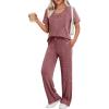 imageEkouaer Womens 2 Piece Lounge Set Casual Summer Outfits Ribbed Short Sleeve ampamp Wide Leg Pants Matching Set for Travel HomeWine Red