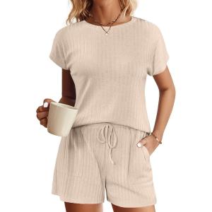 imageEkouaer Pajamas Set for Women 2 Piece Pjs Ribbed Knit Lounge Set Cap Sleeve Loungewear Sleepwear SXXLBeige