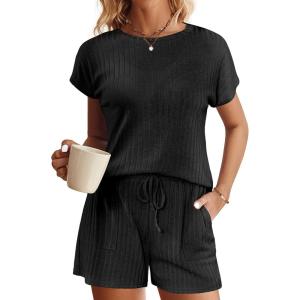 imageEkouaer Pajamas Set for Women 2 Piece Pjs Ribbed Knit Lounge Set Cap Sleeve Loungewear Sleepwear SXXLBlack