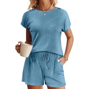imageEkouaer Pajamas Set for Women 2 Piece Pjs Ribbed Knit Lounge Set Cap Sleeve Loungewear Sleepwear SXXLBlue