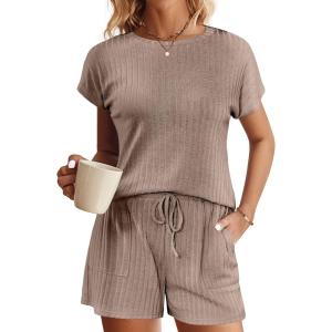 imageEkouaer Pajamas Set for Women 2 Piece Pjs Ribbed Knit Lounge Set Cap Sleeve Loungewear Sleepwear SXXLBrown