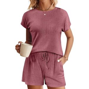imageEkouaer Pajamas Set for Women 2 Piece Pjs Ribbed Knit Lounge Set Cap Sleeve Loungewear Sleepwear SXXLBurgundy