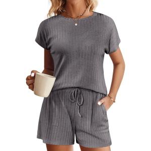 imageEkouaer Pajamas Set for Women 2 Piece Pjs Ribbed Knit Lounge Set Cap Sleeve Loungewear Sleepwear SXXLDark Gray