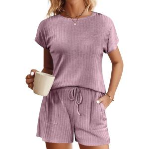 imageEkouaer Pajamas Set for Women 2 Piece Pjs Ribbed Knit Lounge Set Cap Sleeve Loungewear Sleepwear SXXLFuchsia