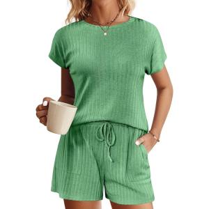 imageEkouaer Pajamas Set for Women 2 Piece Pjs Ribbed Knit Lounge Set Cap Sleeve Loungewear Sleepwear SXXLGreen